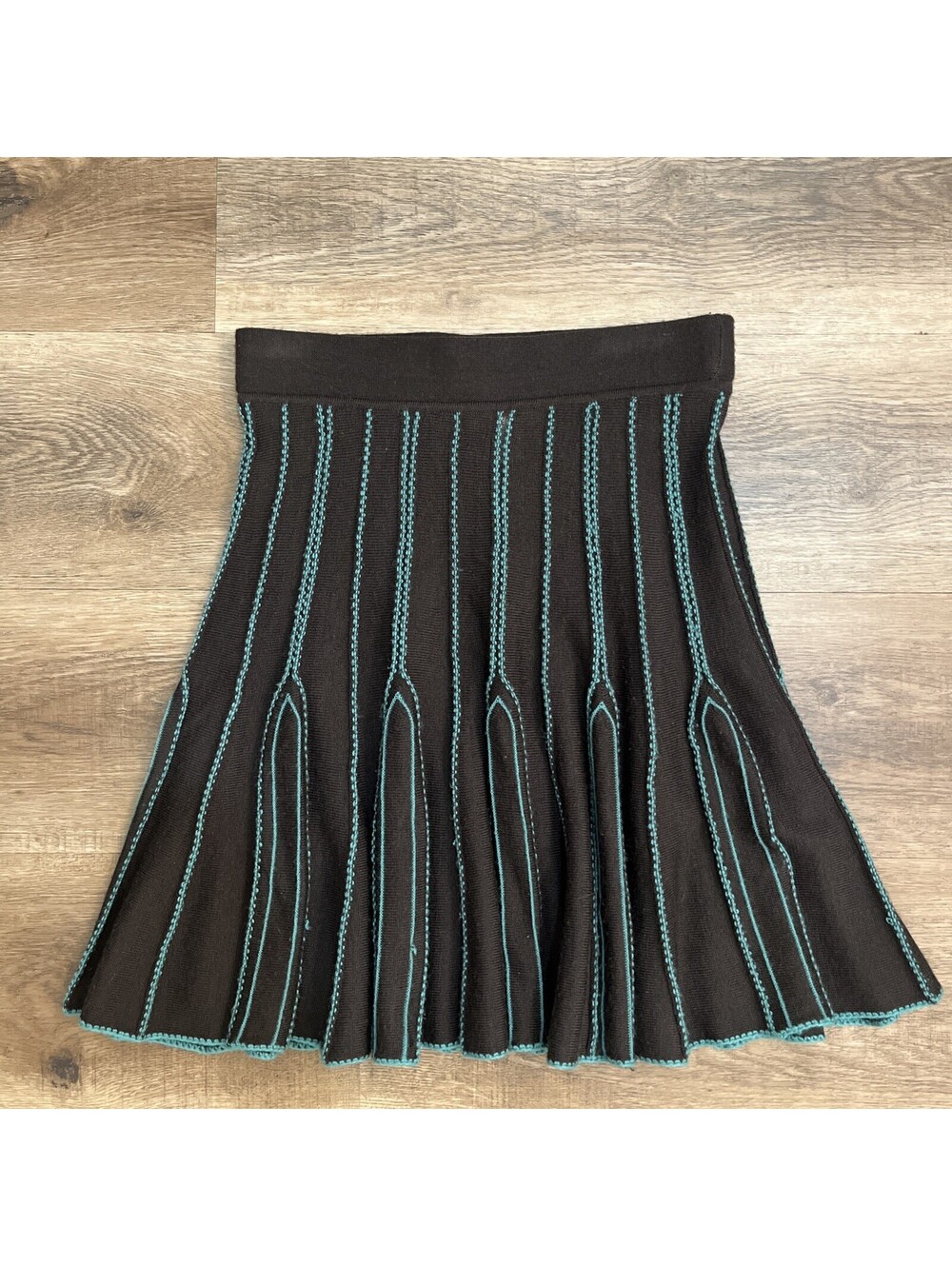 Lux Women's Skater Skirt S Brown/Blue Geometric Knit Pleated Elastic Pull On